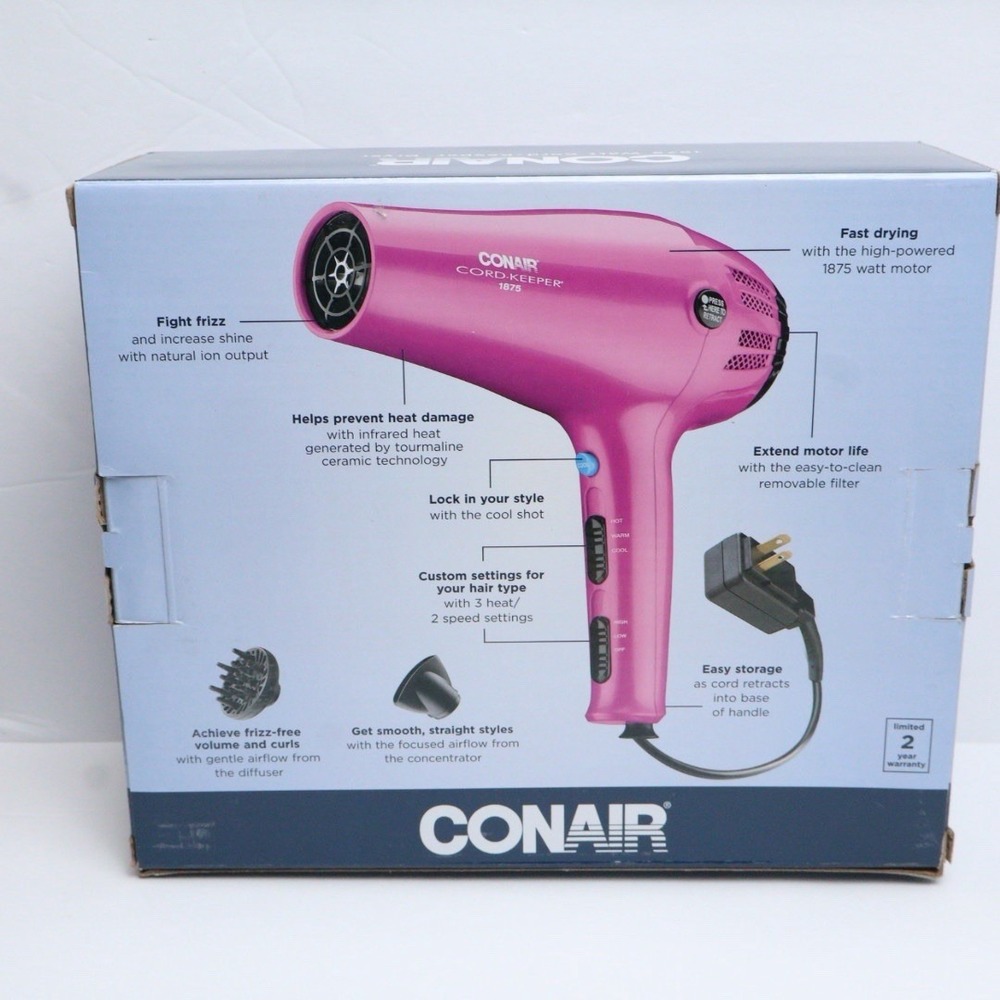 Conair 1875 Watt Cord Keeper Hair Dryer with Ionic Technology Pink 3 Piece Set
